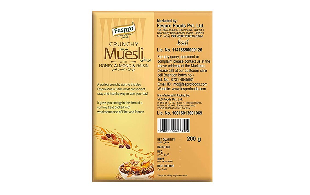 Fespro Crunchy Muesli Honey, Almond & Raisin   Pack  200 grams